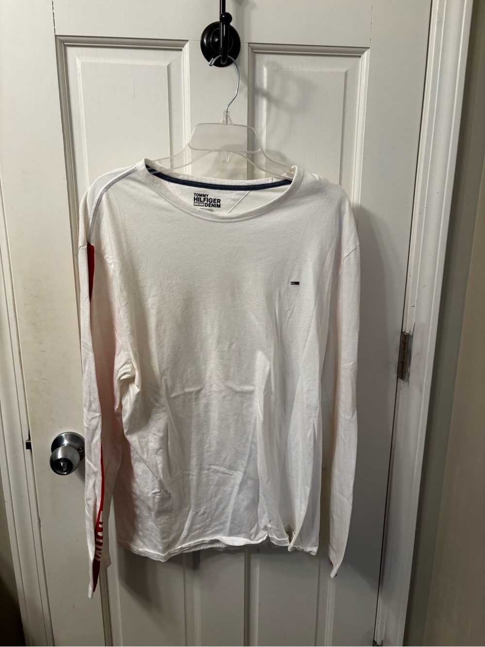 Tommy Hilfiger White Long Sleeve Tee with Red Sleeve Stripe